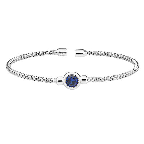 Rhodium Finish SS Rounded Box Link Cuff Bracelet with Bezel Set Simulated Sapphire Birth Gem