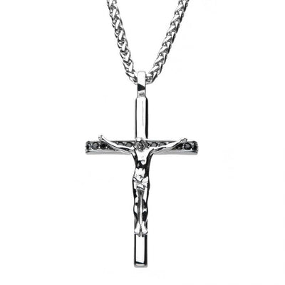 Men's Stainless Steel Jesus Christ Crucifix Necklace with Black Cubic Zirconia