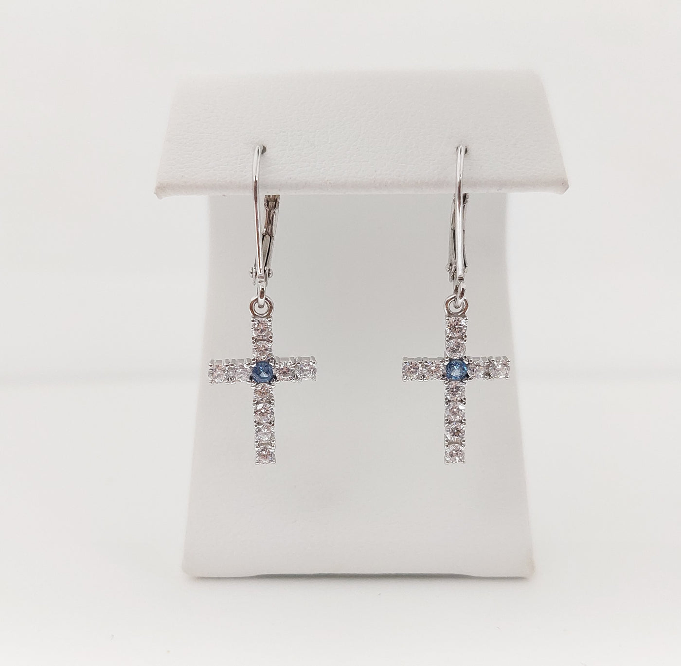 Silver Simulated Blue Zircon/Diamond Cross Earrings