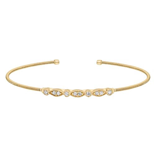 Gold Finish Sterling Silver Cable Cuff Bracelet with Simulated Diamond Marquis & Round Design