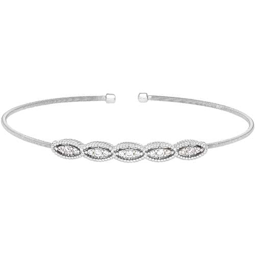 Rhodium Finish Sterling Silver Cable Cuff Bracelet with Five Simulated Diamond Marquise Shapes
