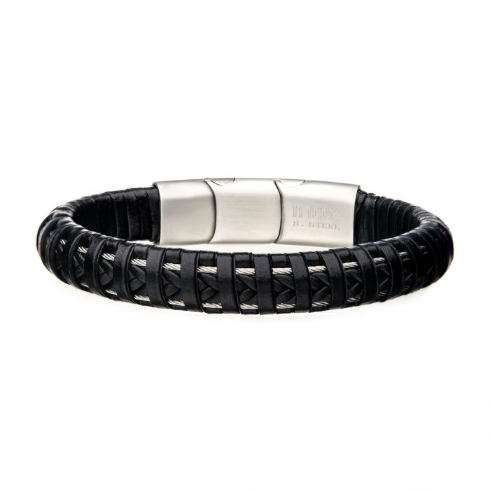 Men's Stainless Steel Clasp with Black Leather Bracelet with Slide Magnetic Clasp