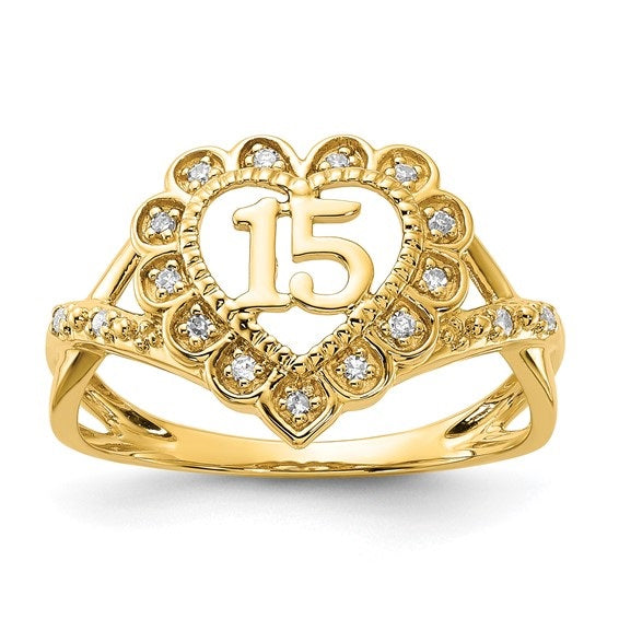 10k Yellow Gold Polished Diamond 15 Quinceanera Heart Ring Size:7