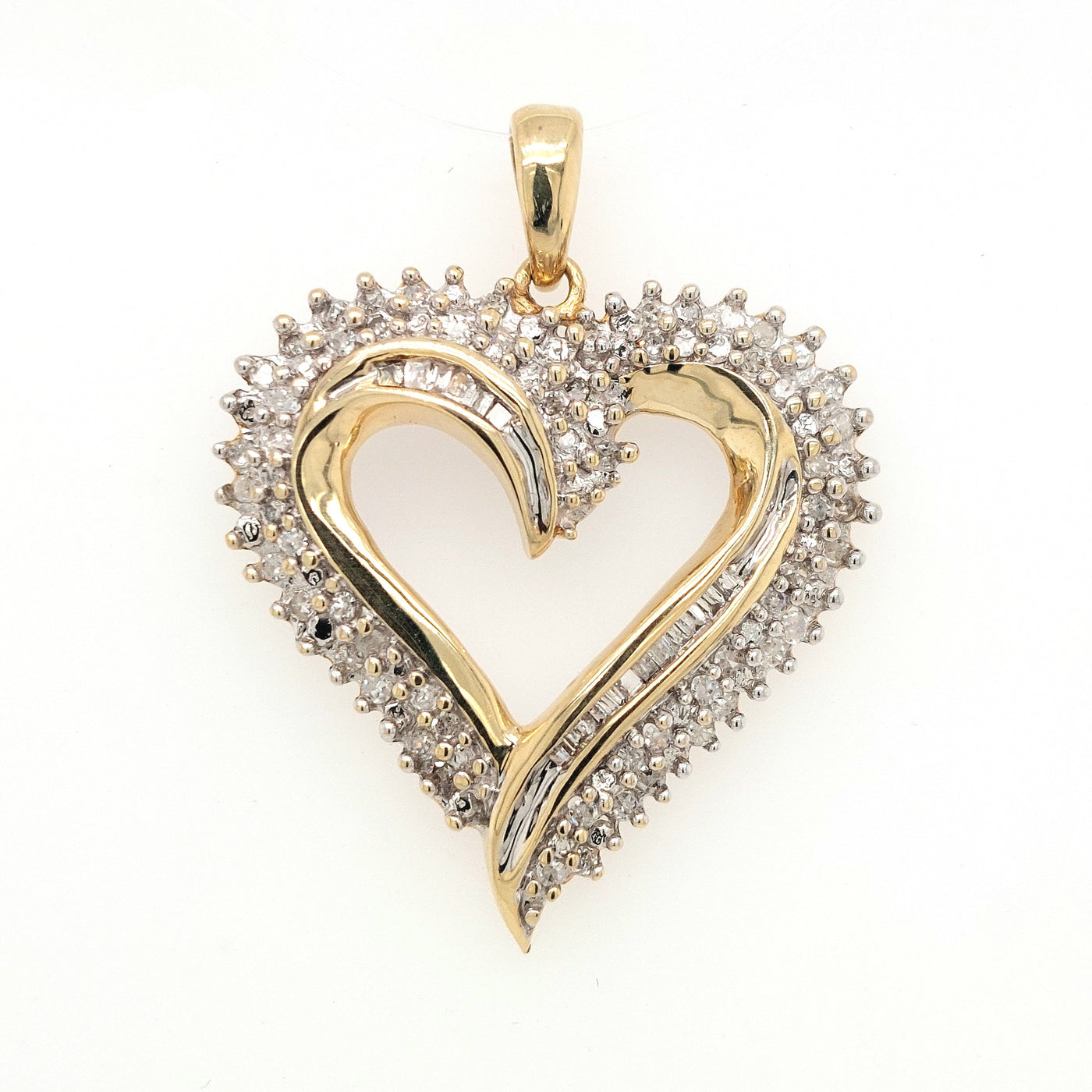 10K Two-Tone Gold Diamond Heart Pendant 1.00ctTW approx. with H-I/SI RBC & Baguette Diamonds