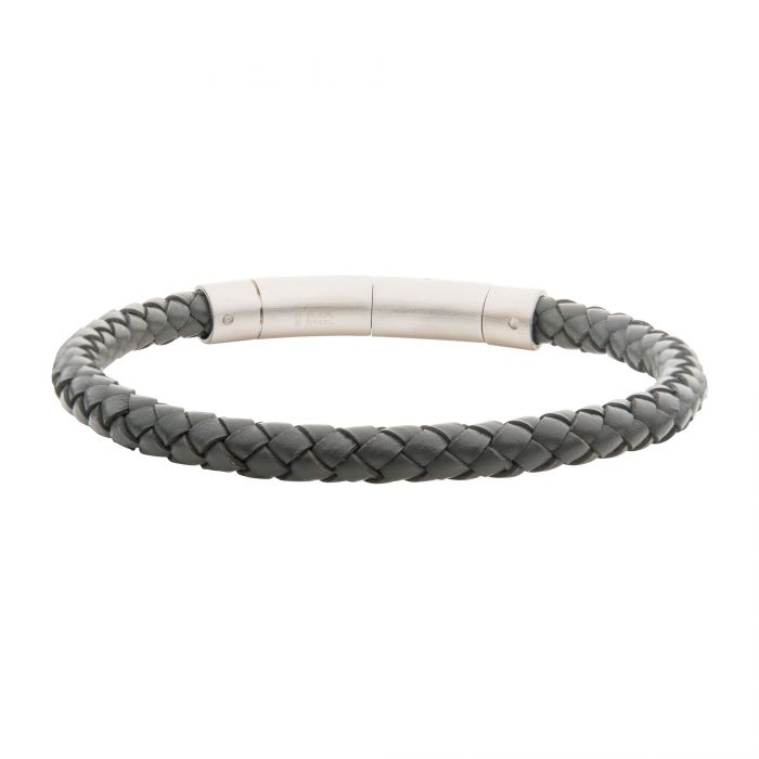 6mm Stainless Steel and Grey Leather Bracelet