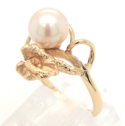 14K Yellow Gold Akoya Pearl Solitaire Ring 7.5mm Gram Weight:3.3g