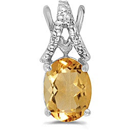 14K White Gold Oval Citrine & Diamond Pendant