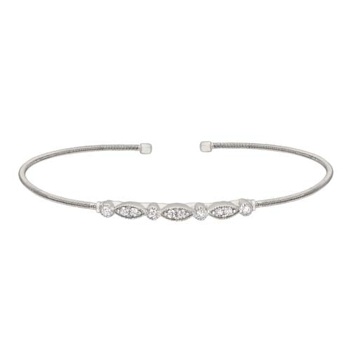 Rhodium Finish Sterling Silver Cable Cuff Bracelet with Simulated Diamond Marquis & Round Design