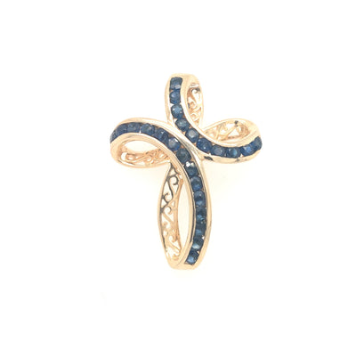 14K Yellow Gold Freeform CroSS with Channel Set Round Blue Sapphires