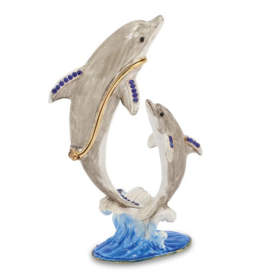 Bejeweled "Fiona and Finn" Mother and Baby Dolphins Trinket Box with Matching Necklace