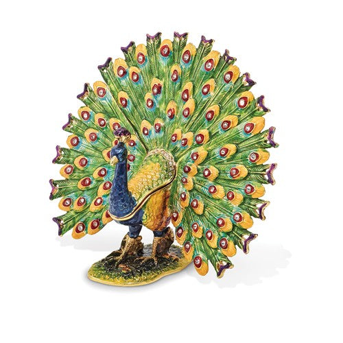 Bejeweled "Proud as a Peacock" Strutting Peacock Trinket Box and Matching Necklace