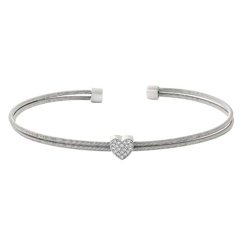 Rhodium Finish Sterling Silver Two Cable Cuff Bracelet with Simulated Diamond Heart