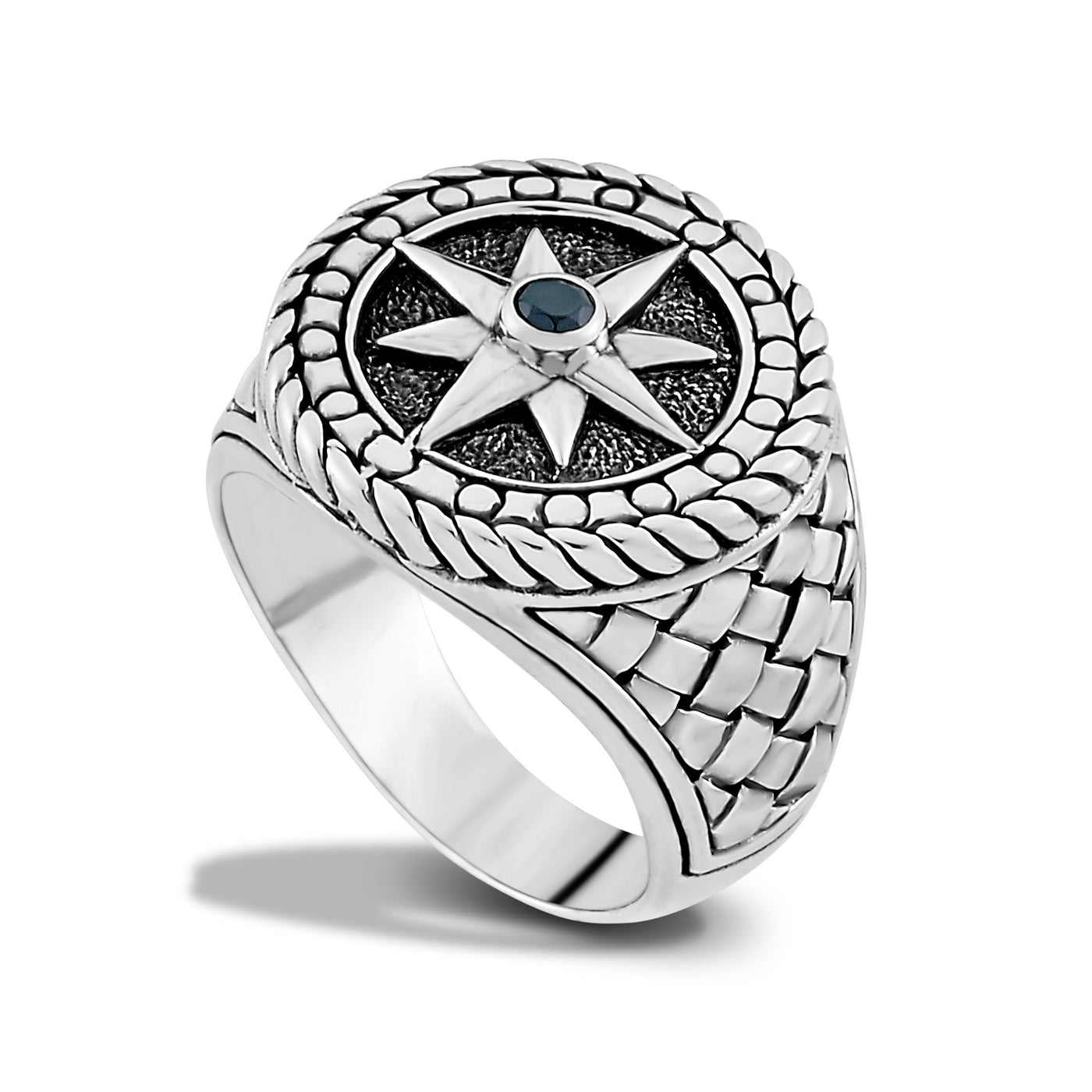 SS QUILTED DESIGN STAR RING W/ BLACK SPINEL