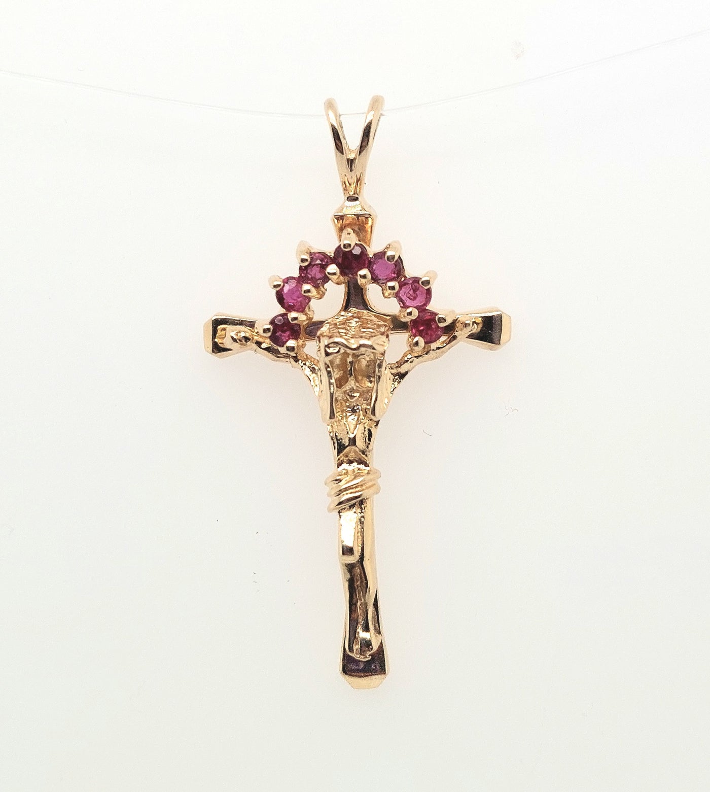 14K Yellow Gold Crucifix with 7 round rubies