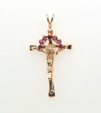 14K Yellow Gold Crucifix with 7 round rubies