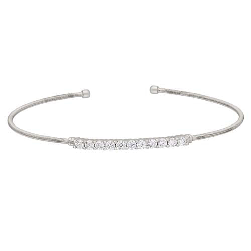 Rhodium Finish SS Cable Cuff Bracelet with Simulated Diamonds