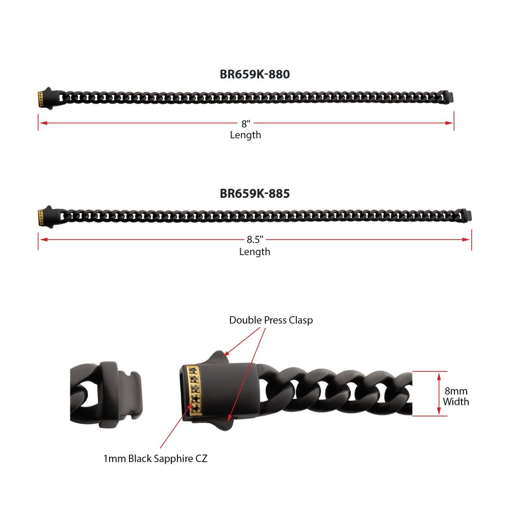 Black IP Steel Matte Finish 8mm Miami Cuban Chain Bracelet with Genuine Black Sapphire 8.50in