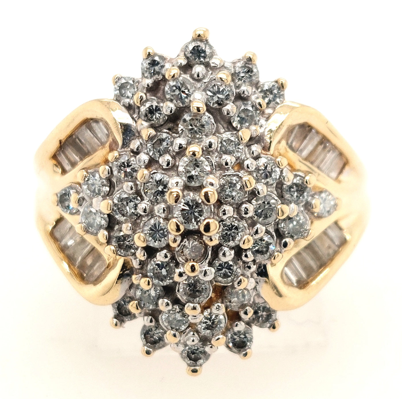 14K Yellow Gold Lady's Diamond Cluster Ring w/ approx 1.47ctTW of H-I/SI2-I1 Size:8.25 Gram Weight;5.4g
