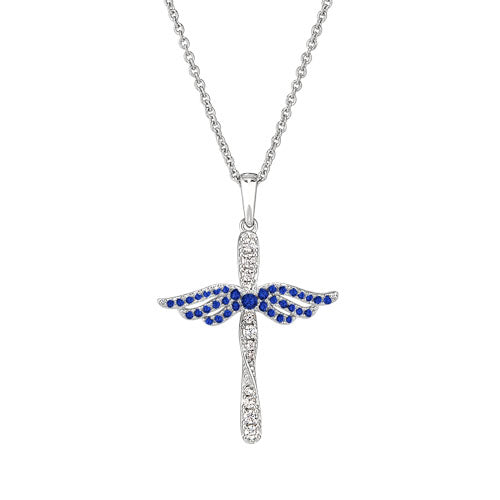 Platinum Finish Sterling Silver Micropave Angel Wings Cross with Simulated Blue Sapphire & Diamonds on 16" - 18" Adjustable Chain