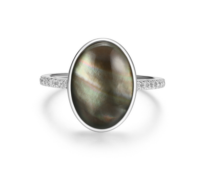SS Gray Mother of Pearl and White Topaz "Izah" Ring (Size 8.25)