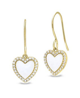 Gold Vermeil Sterling Silver Micropave White Enamel Heart Earrings with Simulated Diamonds