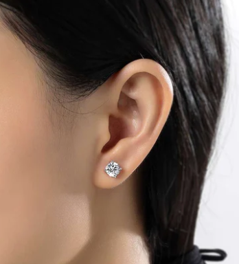 SS Bonded w/ Plat Round Solitaire Earring Pair w/ LaSSaire sim. dias 1.00ctTW