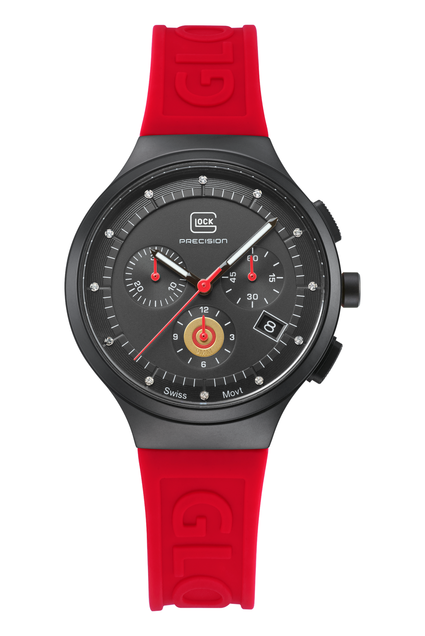 Mid-Size Black Steel Glock Watch with Black and Red Dial