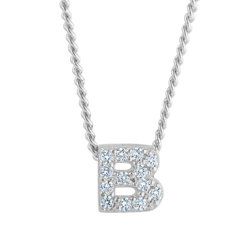 Platinum Finish SS Micropave B Initial Pendant with Simulated Diamonds on 18" Curb Chain