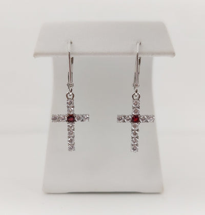 Silver Simulated Ruby/Diamond Cross Earrings
