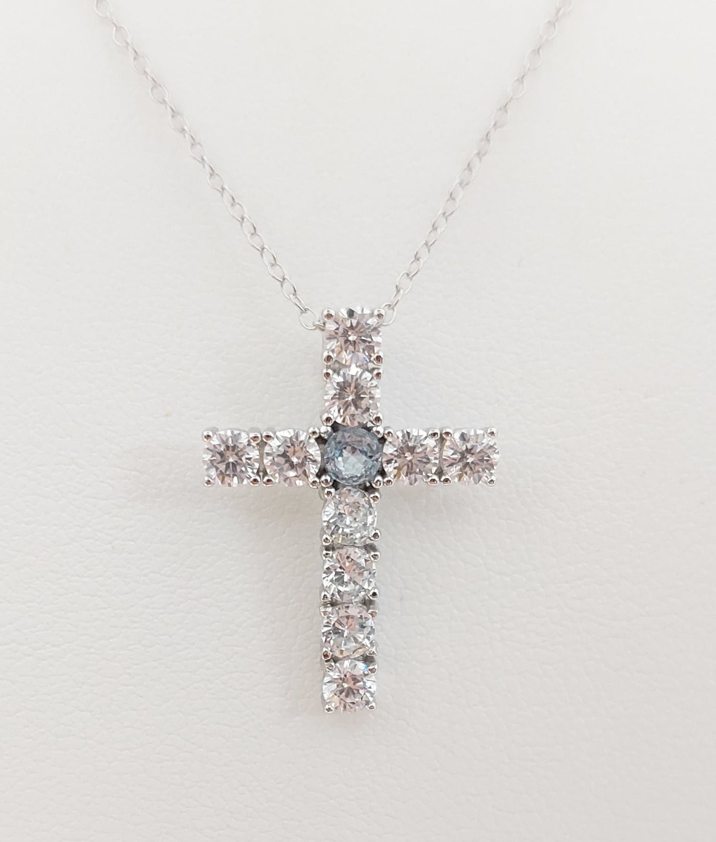 Silver Simulated Aquamarine/Diamond Cross Necklace
