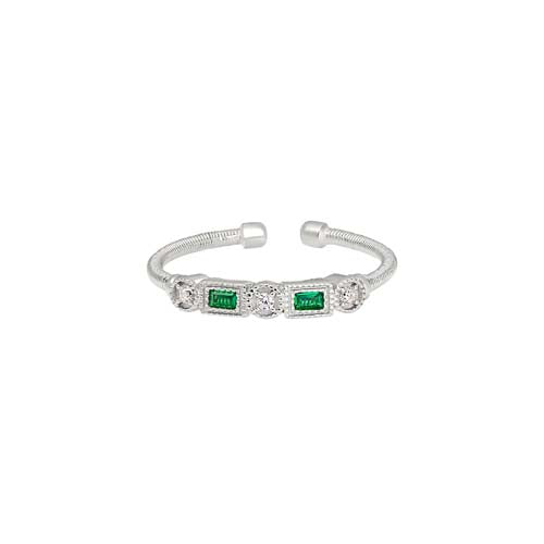 Rhodium Finish SS Cable Cuff Ring with Simulated Emeralds and Simulated Diamonds Size:5