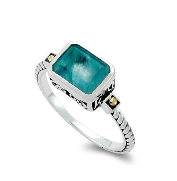 SS/18K Emerald Cut Ring with Aquamarine