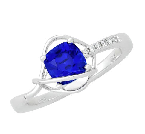 14K White Gold Chatham Lab-Grown Century-cut Blue Sapphire and Diamond Ring (Size 6.5)