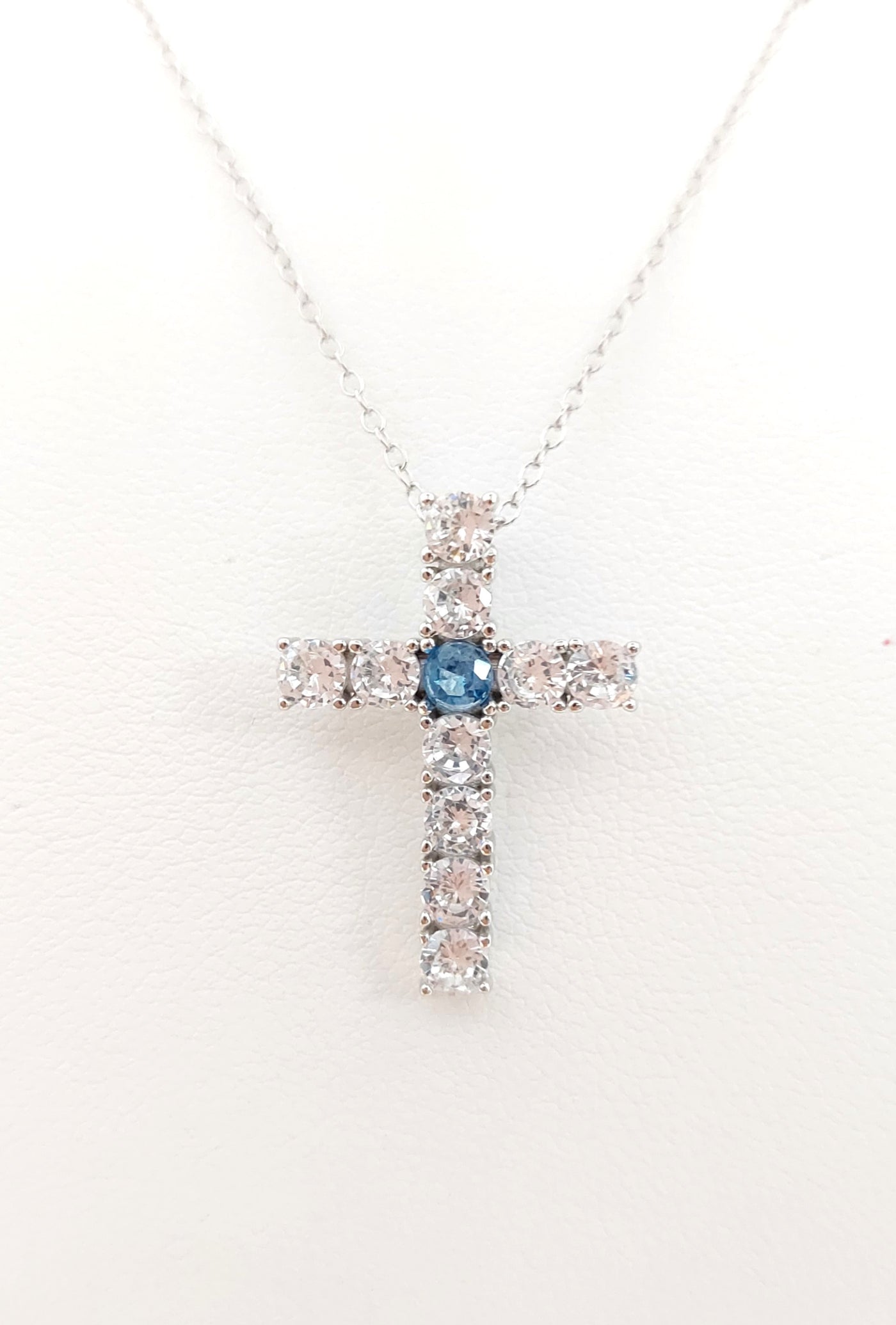Silver Simulated Blue Topaz/Diamond Cross Pendant