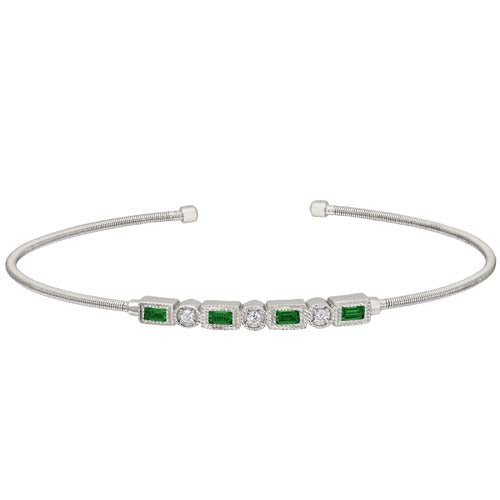 Rhodium Finish SS Cable Cuff Bracelet with Simulated Emeralds and Simulated Diamonds