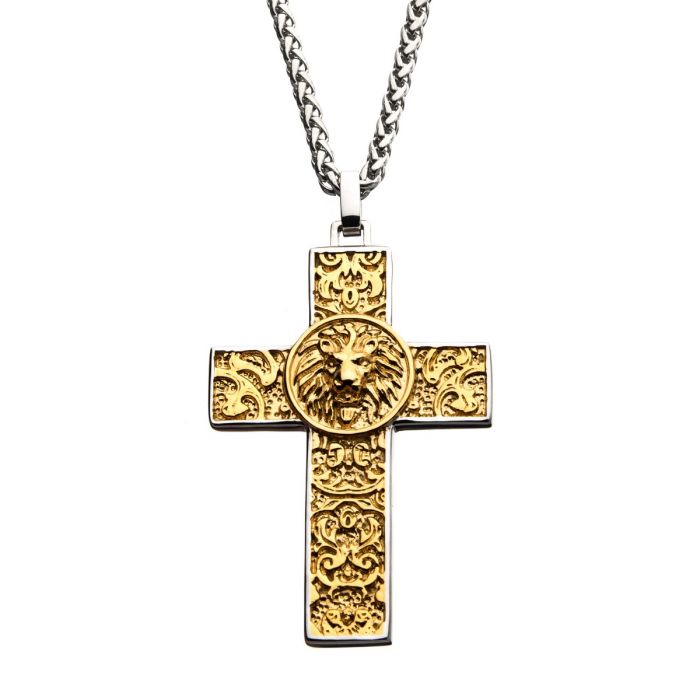Stainless Steel and 18K Gold Plated Nymeria Lion Cross Pendant