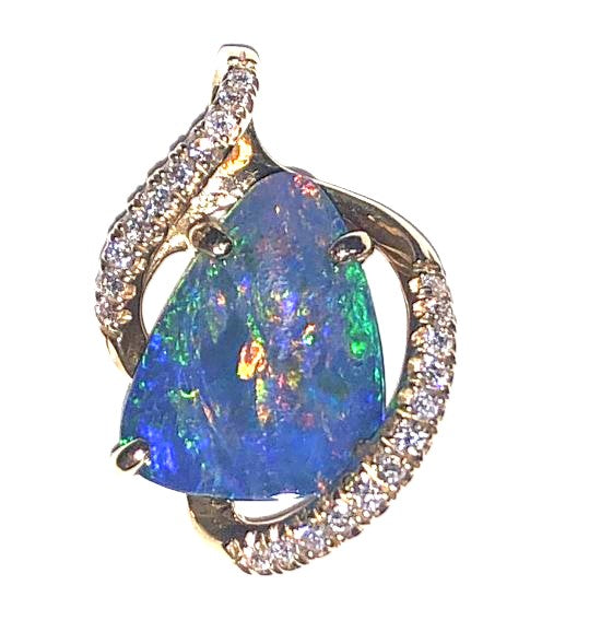 14KY Australian Opal Doublet & Diamond Pendant