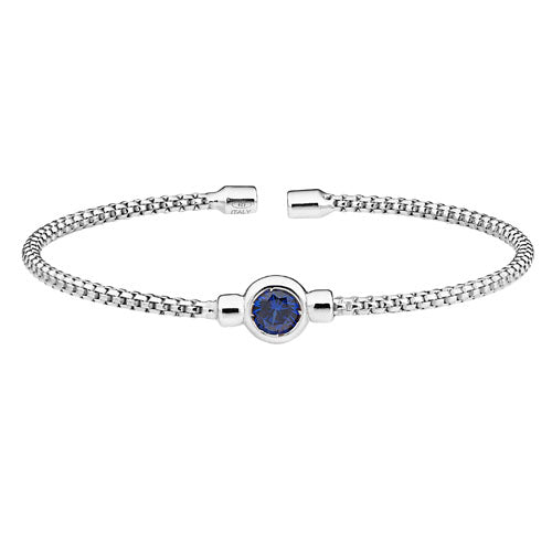 Rhodium Finish Sterling Silver Rounded Box Link Cuff Bracelet with Bezel Set Simulated Sapphire Birth Gem