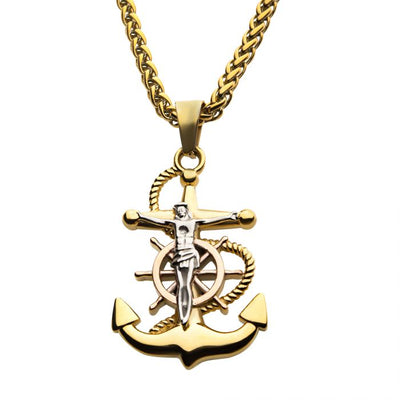 18K Gold Plated Stainless Steel Anchor Crucifix Necklace