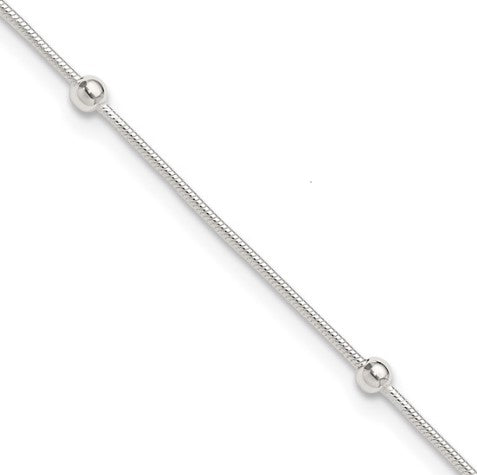 Sterling Silver Polished Beaded Anklet (10in + 1.5in)