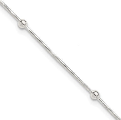 Sterling Silver Polished Beaded Anklet (10in + 1.5in)