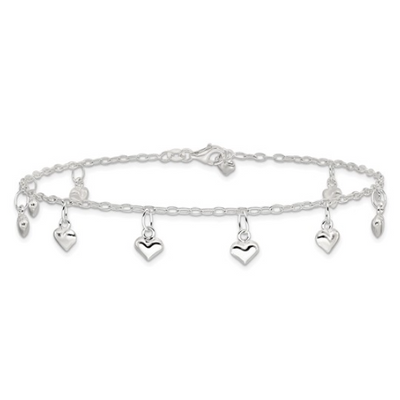 Sterling Silver Polished Puffed Heart Ankle (10 inch)