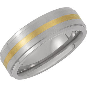 7mm Satin/Polished Titanium and 14K Gold Inlay Ridged Band Size: 12