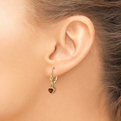 14KY Heart-Shaped Garnet Leverback Earrings