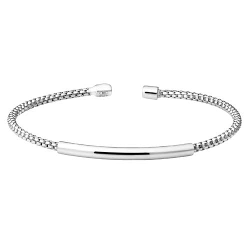 Rhodium Finish SS Rounded Box Link Cuff Bracelet with High Polished Bar