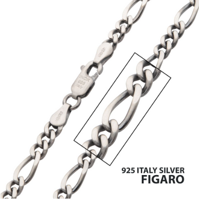 4.3mm Sterling Silver Black Rhodium Plated Satin Finish Figaro Chain, 22"