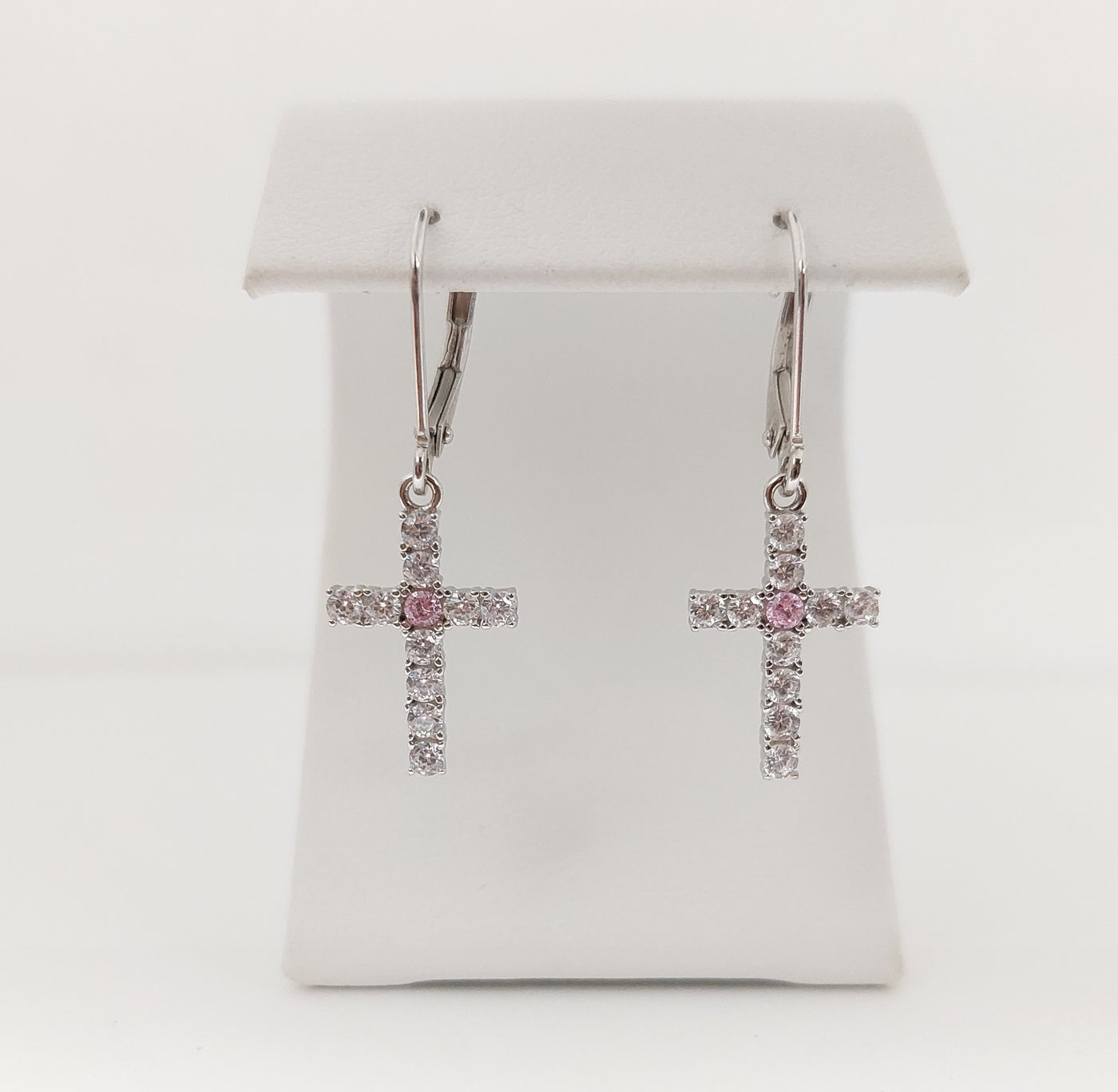Silver Simulated Pink Tourmaline/Diamond Cross Earrings