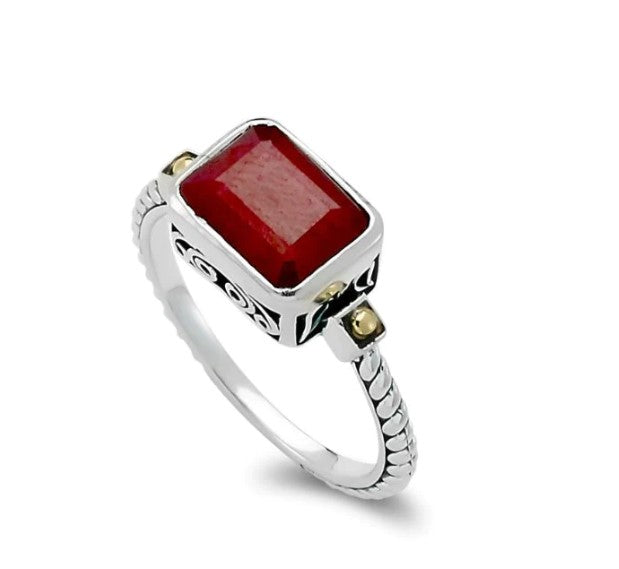 SS/18K Emerald Cut Ring with Ruby