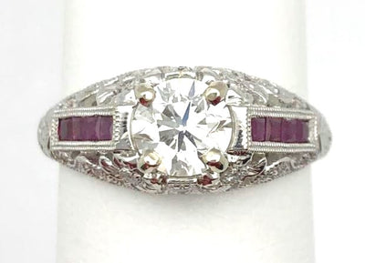 14KW Vintage Style Diamond & Ruby Engagement Ring