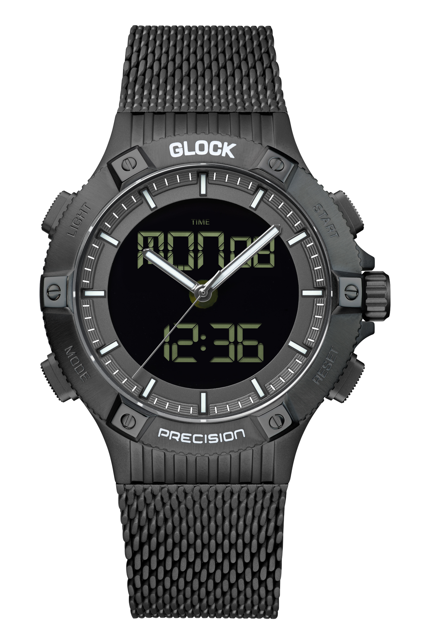 Gents Black Steel Glock Watch with Digital Dial and Mesh Strap